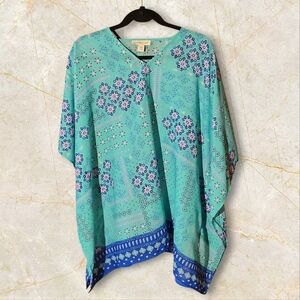COLDWATER CREEK | Teal Blue Floral Summer Shawl Poncho Boho Wrap Swim Cover | XL